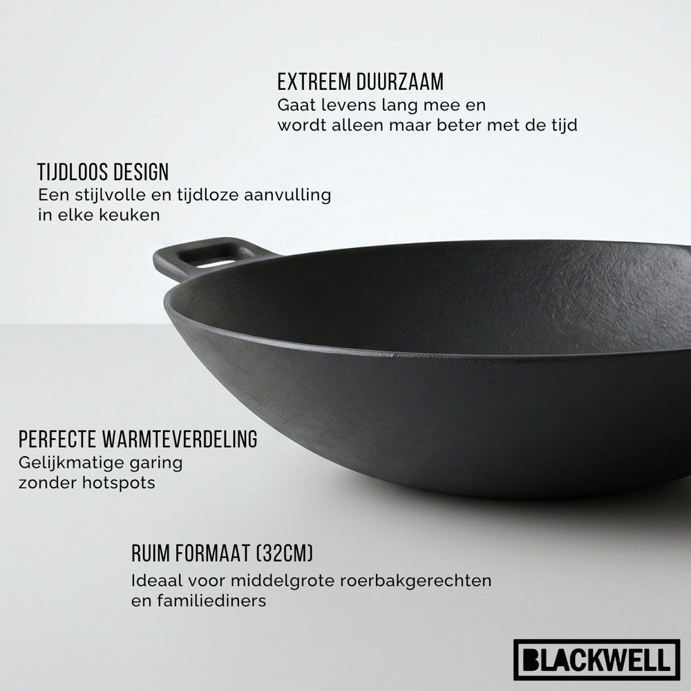Blackwell Wokpfanne Gusseisen Ø 32 cm / 3.3 Liter – ohne Antihaftbeschichtung – geeignet für alle Wärmequellen