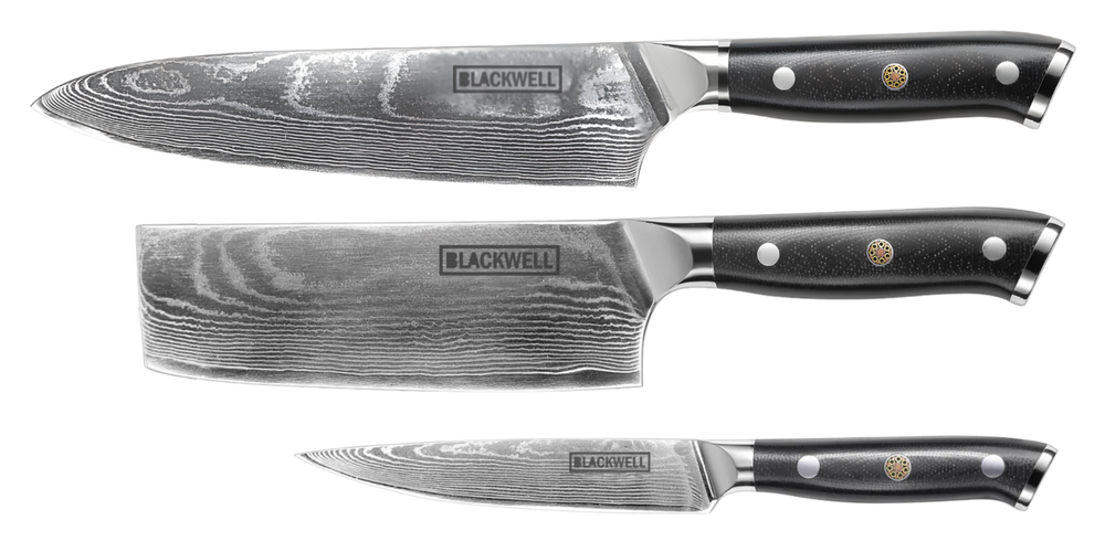 Blackwell Messerset (Kochmesser + Gemüsemesser + Schälmesser) – Japanischer Stil – 67 Lagen Damaszenerstahl – VG10 – 3-teilig