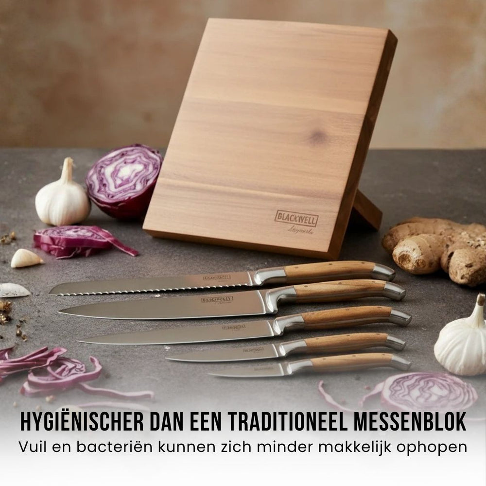 Blackwell Messerblock - Laguiole - Olivenholz - Kochmesser, Brotmesser, Fleischmesser, Officemesser & Schälmesser 6-teilig