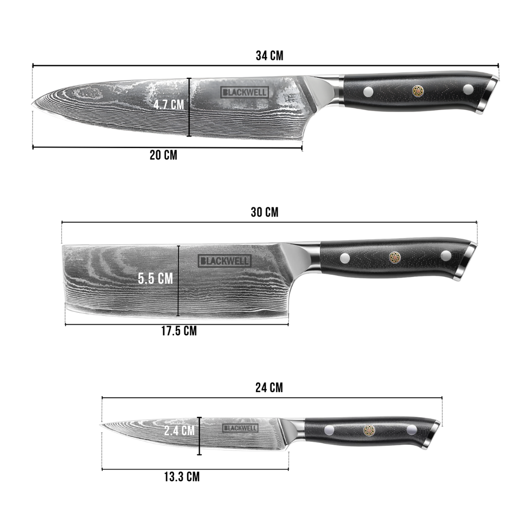 Blackwell Messerset (Kochmesser + Gemüsemesser + Schälmesser) – Japanischer Stil – 67 Lagen Damaszenerstahl – VG10 – 3-teilig