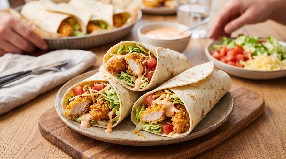 Knuspriges Hähnchen, frisches Gemüse und eine cremige Sauce in einem Wrap