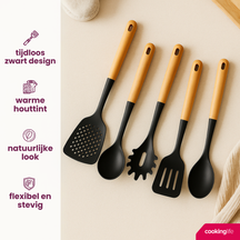 Cookinglife Kochgeschirr Set - Kochgeschirr Set - Holz schwarz 5-teilig - Schaumkelle, Suppenlöffel, Spaghettilöffel, Bratschaufel & Servierlöffel