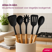 Cookinglife Kochgeschirr Set - Kochgeschirr Set - Holz schwarz 5-teilig - Schaumkelle, Suppenlöffel, Spaghettilöffel, Bratschaufel & Servierlöffel