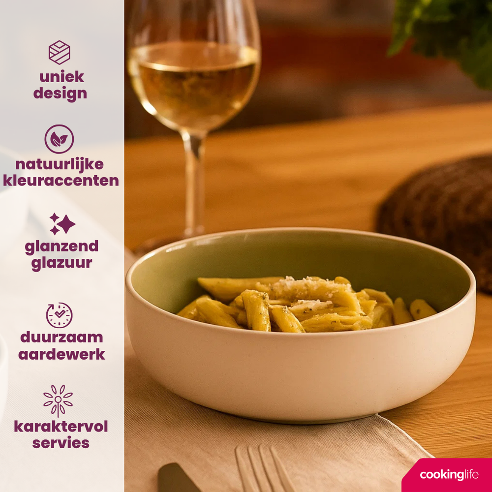 Cookinglife Geschirrset Mosgrün 18-teilig / 6 Personen - 6 Dinner-Teller, 6 Frühstücksteller und 6 Schalen