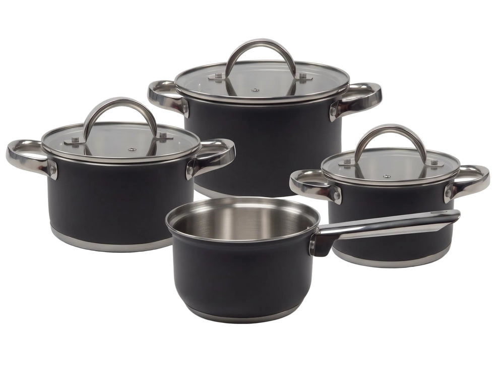 Cookinglife Topfset Schwarz 4-teilig Edelstahl - Kochtopf ø 16, 18, 20 cm & Stielkasserolle ø 16 cm - geeignet für alle Wärmequellen