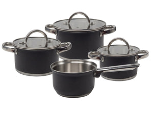 Cookinglife Topfset Schwarz 4-teilig Edelstahl - Kochtopf ø 16, 18, 20 cm & Stielkasserolle ø 16 cm - geeignet für alle Wärmequellen