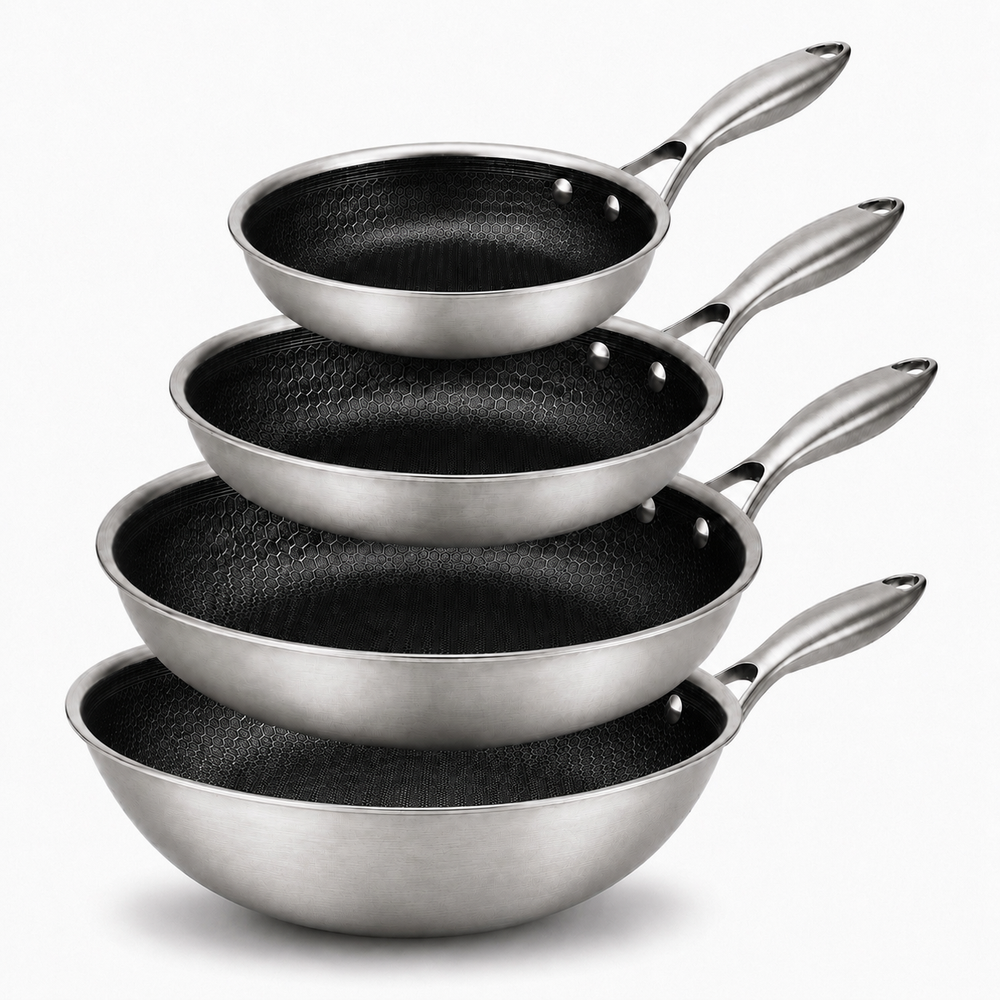 Cookinglife Pfannenset HexaCook Hybride Pfanne 4-teilig - Wok ø 28 cm + Bratpfanne ø 20, 24 & 28 cm - NON STICK - geeignet für alle Wärmequellen - keramische Antihaftbeschichtung
