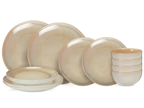 Cookinglife Serene Sand 12-teiliges Geschirrset / 4 Personen - 4 Speiseteller, 4 Frühstücksteller und 4 Schüsseln