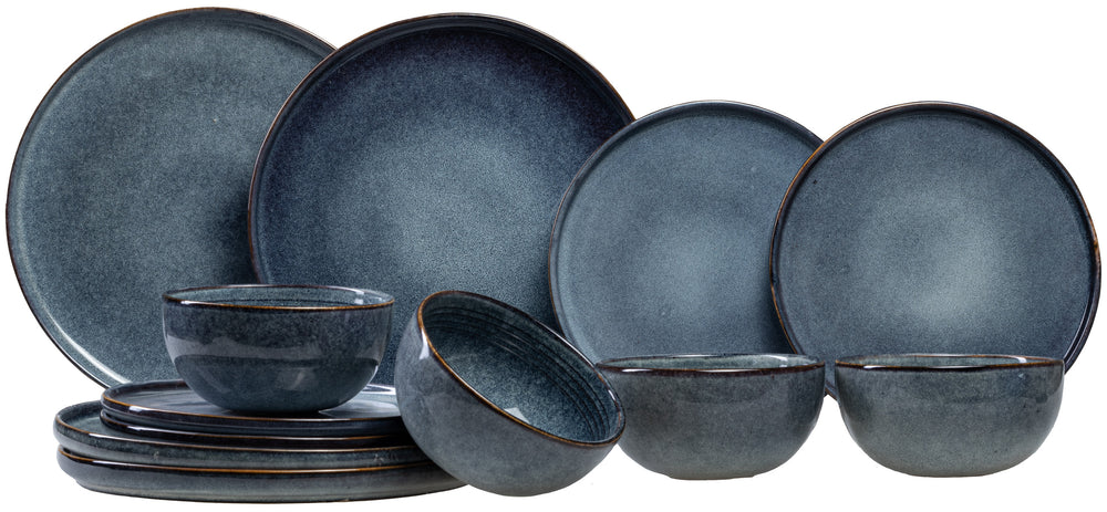 ONA Geschirrset Duna Blue - 12-teilig / 4 Personen - 4 Speiseteller, 4 Frühstücksteller und 4 Schalen