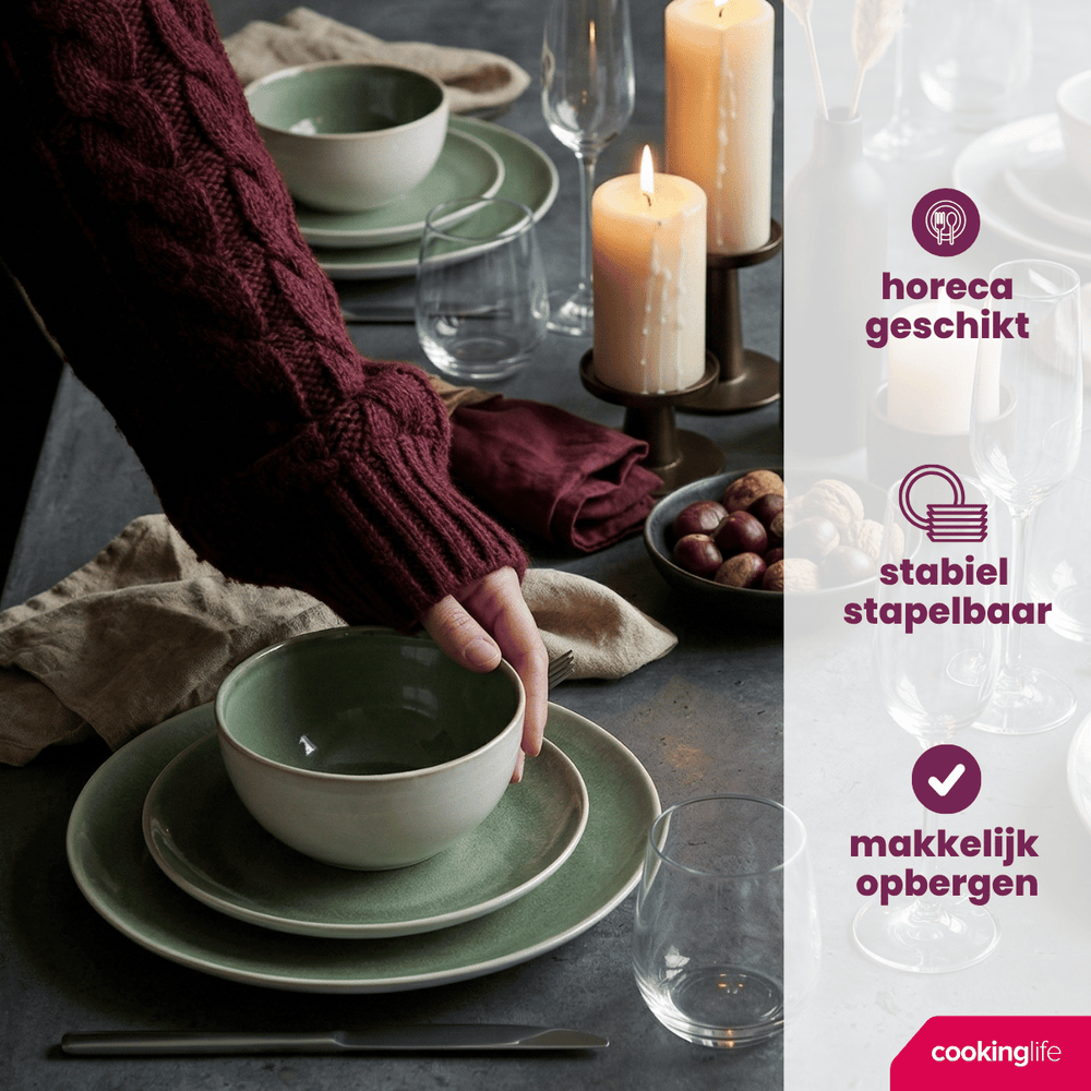 Cookinglife Serene Green 12-teiliges Geschirrset / 4 Personen - 4 Speiseteller, 4 Frühstücksteller und 4 Schüsseln