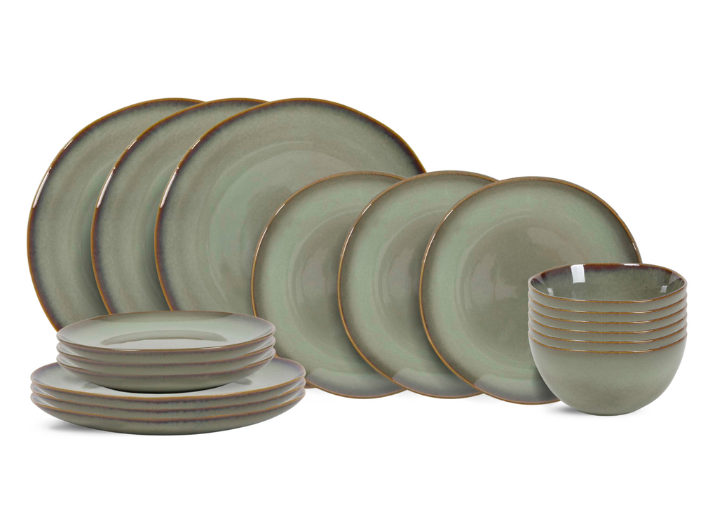 Cookinglife Geschirrset Sabi Grün 18-teilig / 6 Personen - 6 Speiseteller, 6 Frühstücksteller und 6 Schalen
