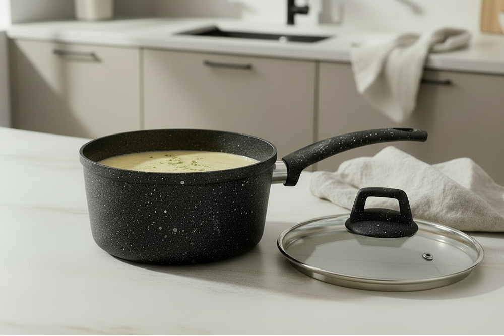 Cookinglife Stielkasserolle / Soßenpfanne mit Deckel - Black Speckle - Aluminium ø 18 cm / 2.2 Liter - Für alle Herdarten geeignet - Standard-Antihaftbeschichtung