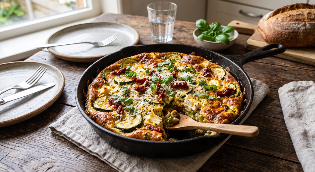 Eine schmeckhafte Ofen-Frittata, die du sofort auf den Tisch stellst.