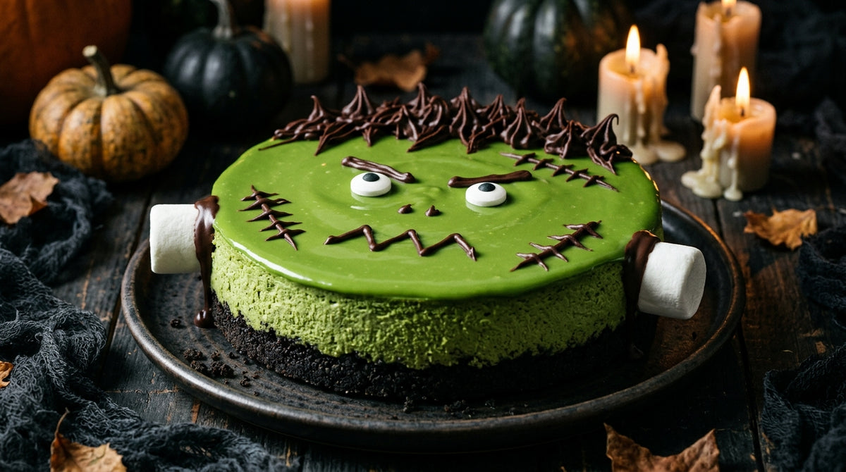 Een spookachtig groene no-bake cheesecake voor Halloween