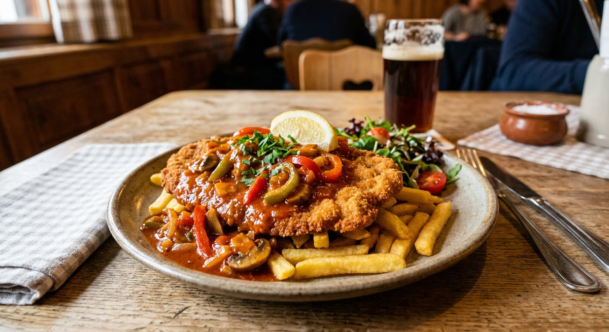 Knusprig paniertes Schnitzel mit einer pikanten Paprikasoße