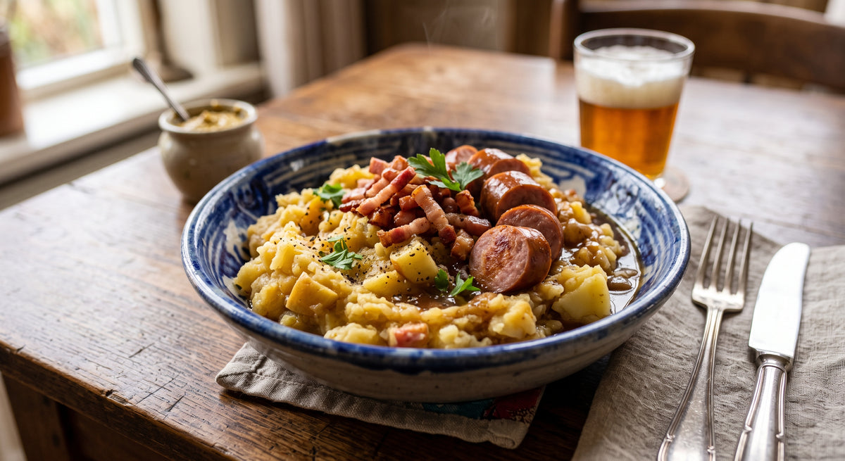 Stampfkartoffeln aus Kartoffeln und Äpfeln mit Speck, wie Oma sie gemacht hat