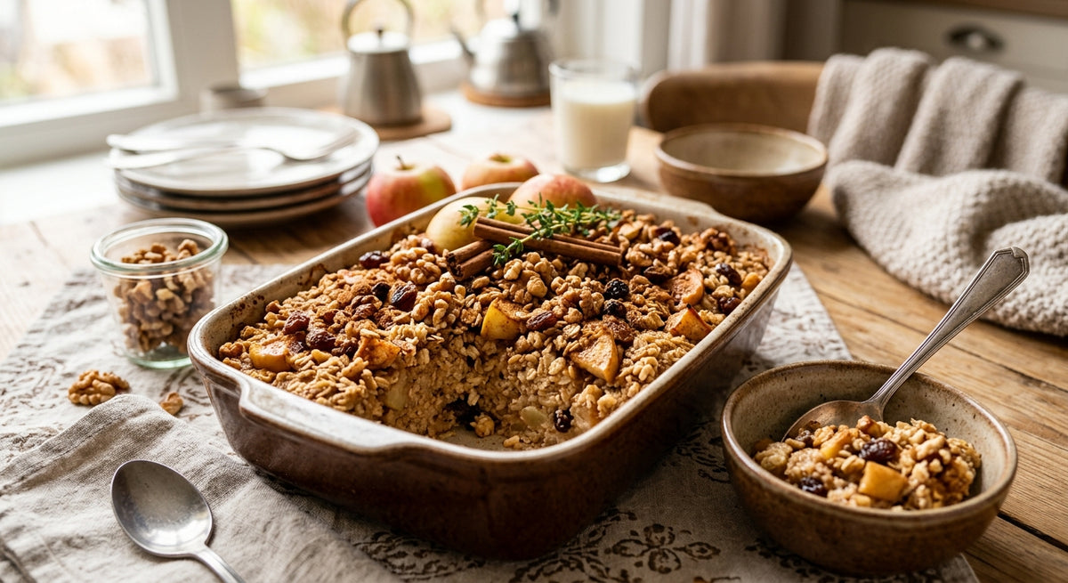 Ein verführerisches Frühstück mit Apfel, Zimt, Walnüssen und Rosinen.