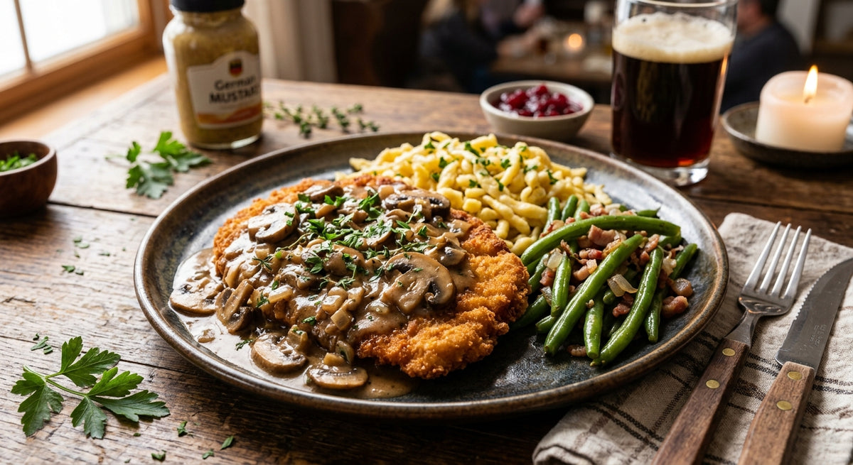 Knuspriges Schnitzel mit einer reichhaltigen, herzhaften Champignonrahmsauce