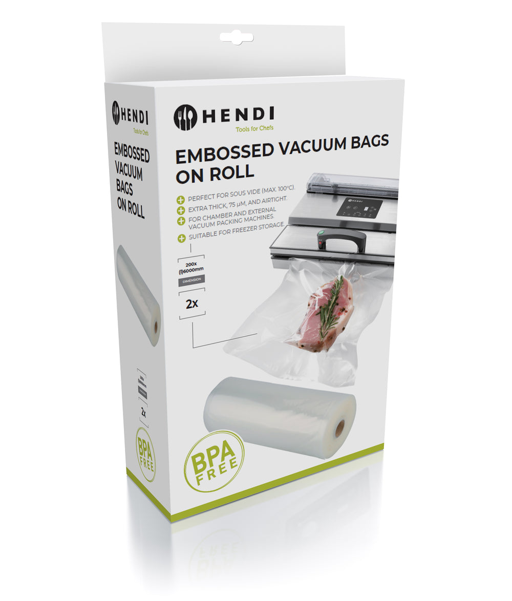 Hendi Vakuumbeutel mit geprägtem Siegel auf einer Rolle – Sous Vide Beutel – 28 x 600 cm – Passend für FoodSaver Vakuumiergeräte – 2er-Pack