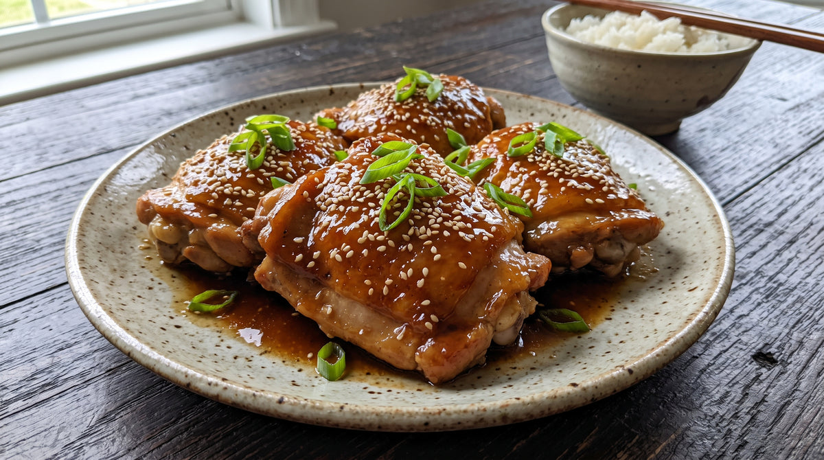 Saftige Hähnchenschenkel mit Umami, Ingwer und Sesamglasur