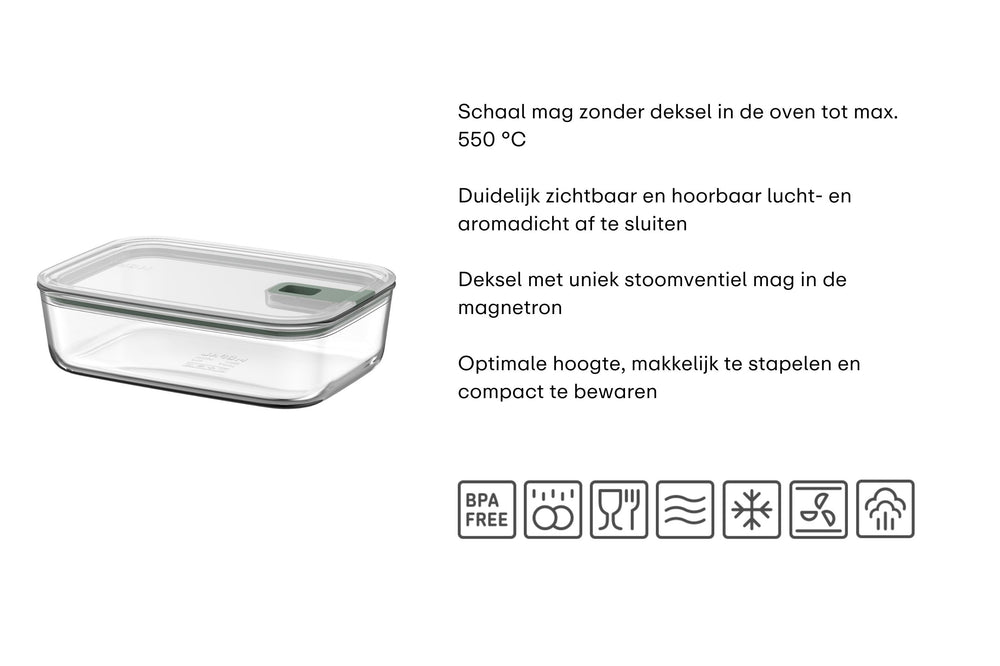 Mepal Auflaufform / Lasagneform mit Deckel EasyClip Nordic Sage - Glas - 1,5 Liter