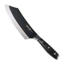 Messermeister BBQ Mes Avanta 20 cm met zwart titanium lemmet, vrijstaand op witte achtergrond