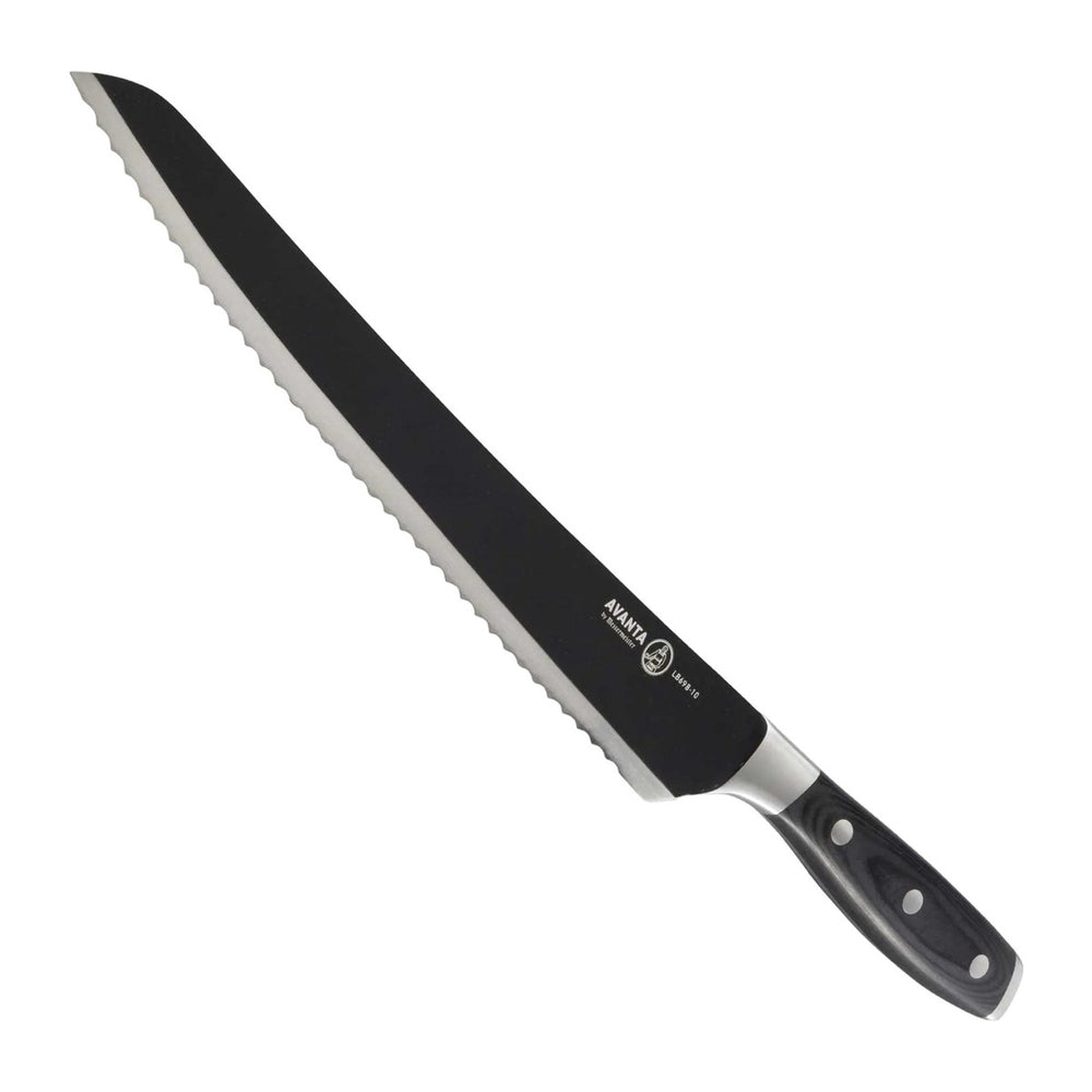 Messermeister Brisketmes Vleesmes Gekarteld Avanta BBQ 25 cm met zwart titanium lemmet, vrijstaand op witte achtergrond