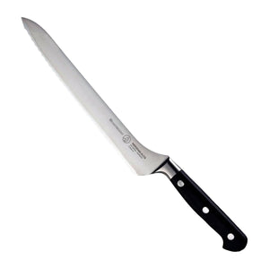 Messermeister Offset Broodmes Meridian Elite 20 cm met zwart heft, vrijstaand op witte achtergrond