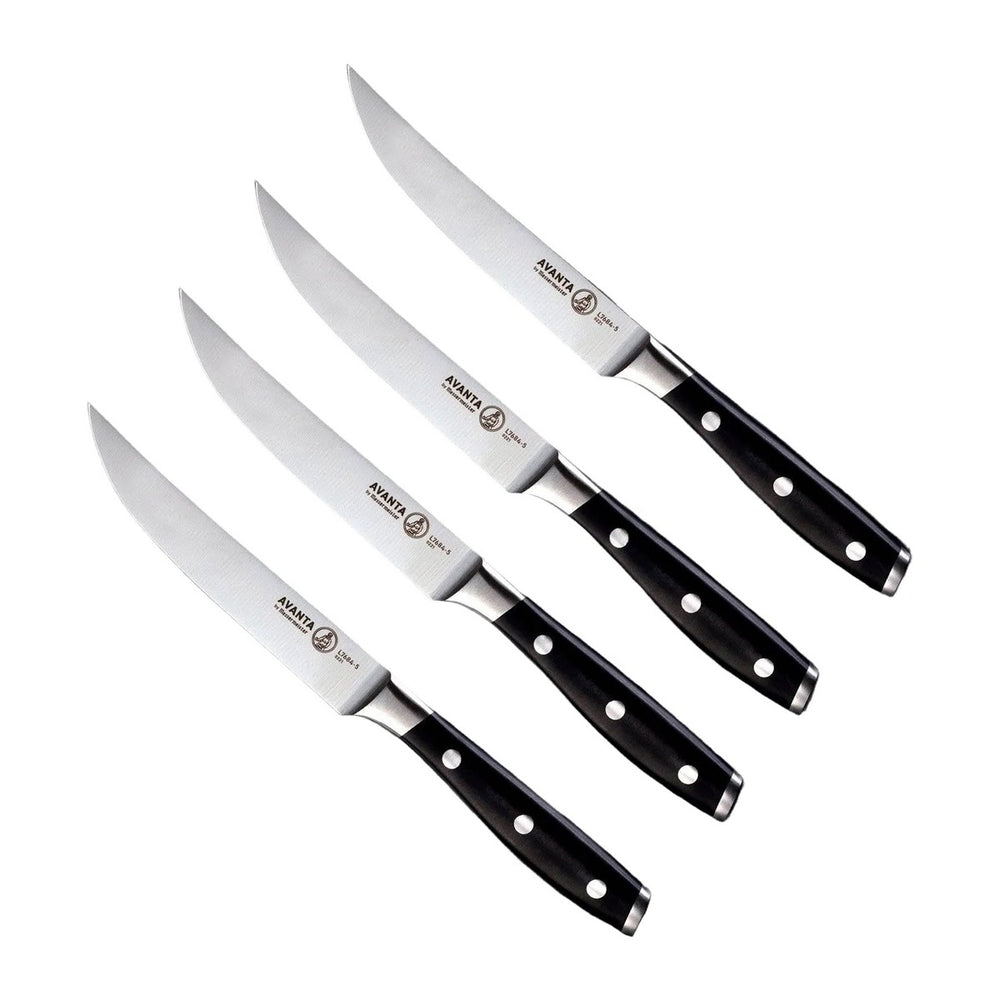 Messermeister Steakmessen Avanta 13 cm 4 stuks met zwart heft, vrijstaand op witte achtergrond