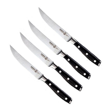 Messermeister Steakmessen Avanta 13 cm 4 stuks met zwart heft, vrijstaand op witte achtergrond