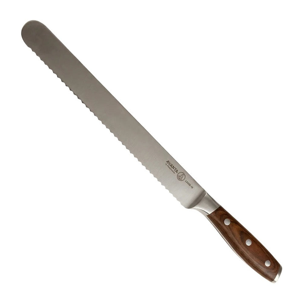 Messermeister Vleesmes Gekarteld Avanta 25 cm met pakkahouten heft, vrijstaand op witte achtergrond