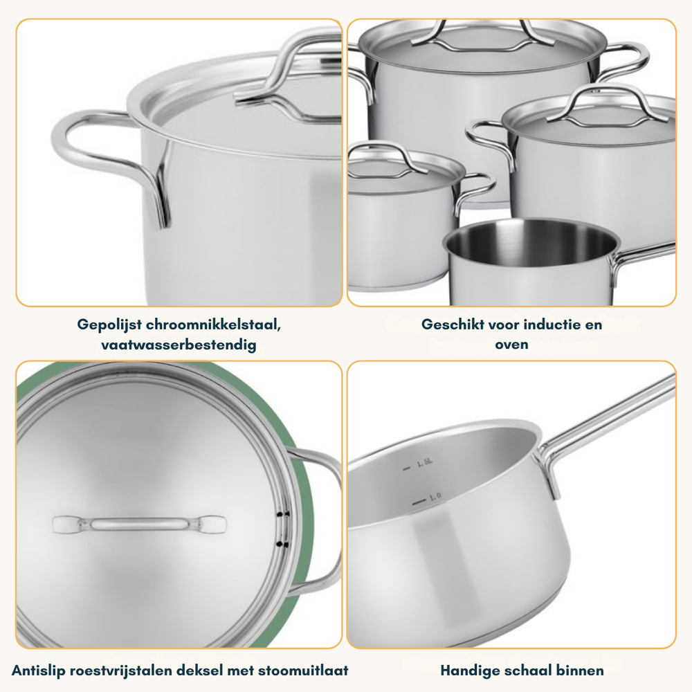 Sola Topfset Mirage - Edelstahl - Kochtopf ø 16, 18, 20 cm & Stielkasserolle ø 16 cm - Induktionsgeeignet - 4-teilig