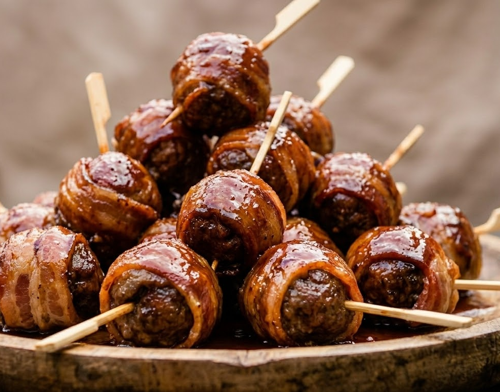 Knuspriger Bacon, saftige Hackbällchen und eine klebrige Glasur. Herrlich zum Snacken