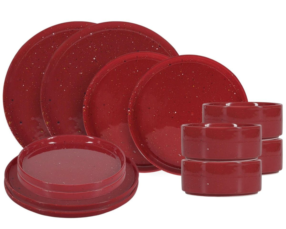 ONA Geschirrset Fika Burgundy 12-teilig / 4 Personen - 4 Speiseteller, 4 Frühstücksteller und 4 Schalen