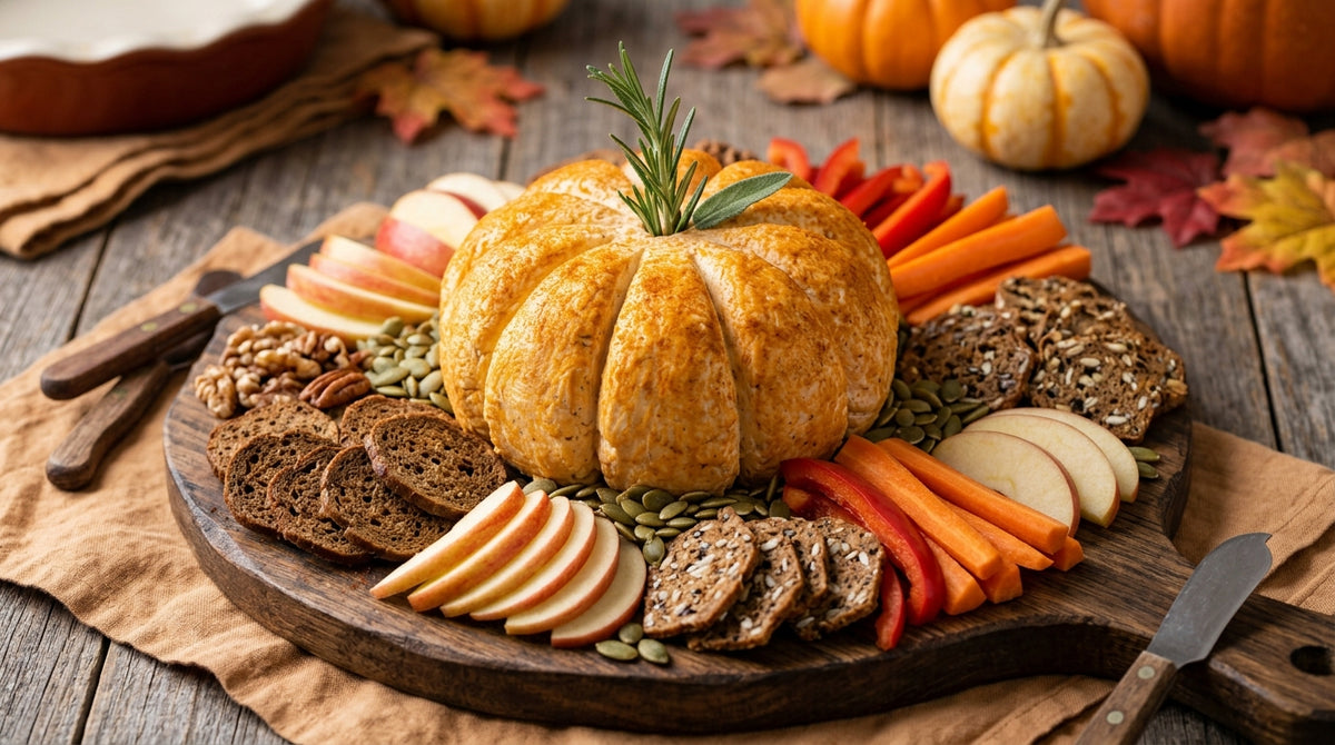 Ein festlicher Käse-Dip, der wie ein Kürbis aussieht – perfekt für den Herbst