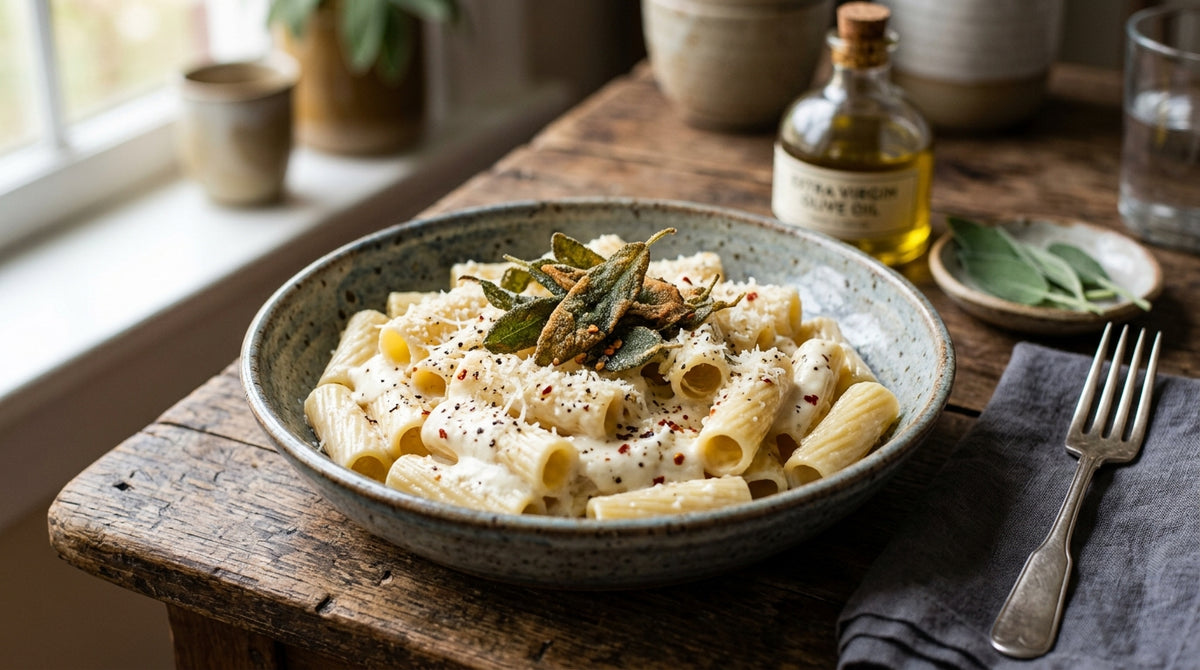 Pasta mit Charakter: weich, cremig und leicht würzig durch den Ziegenkäse.