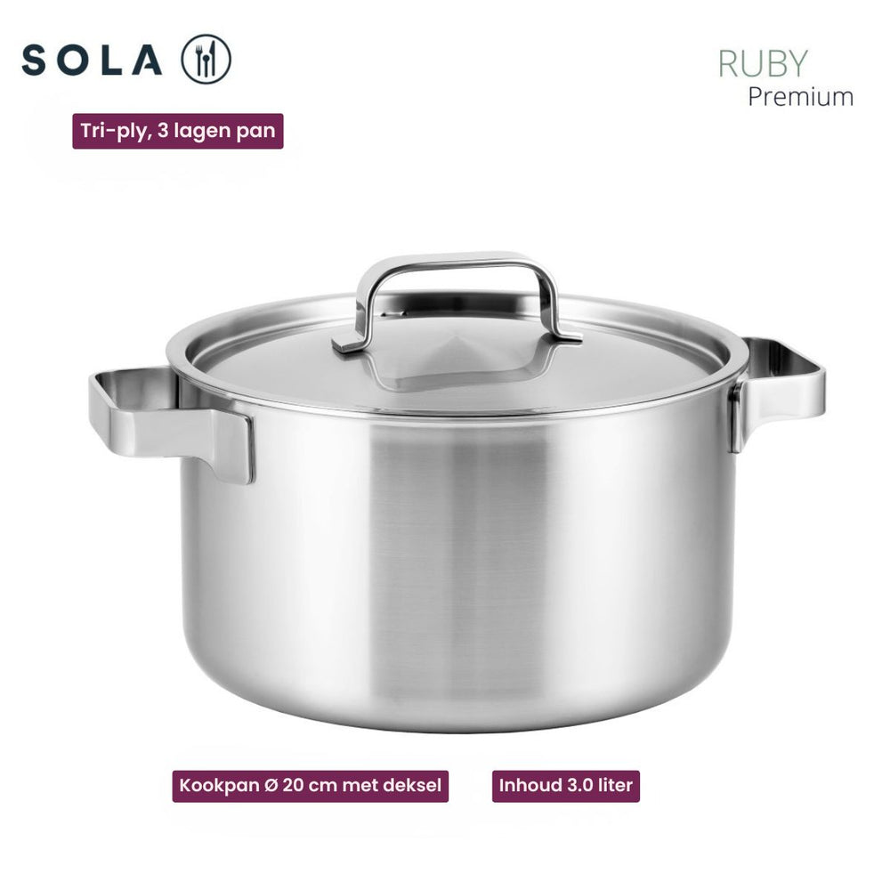 Sola Topfset Ruby 5-Teilig Premium Triply Edelstahl - Kochtopf ø 16, 18, 20, 24 cm & Stielkasserolle ø 16 cm - geeignet für alle Wärmequellen