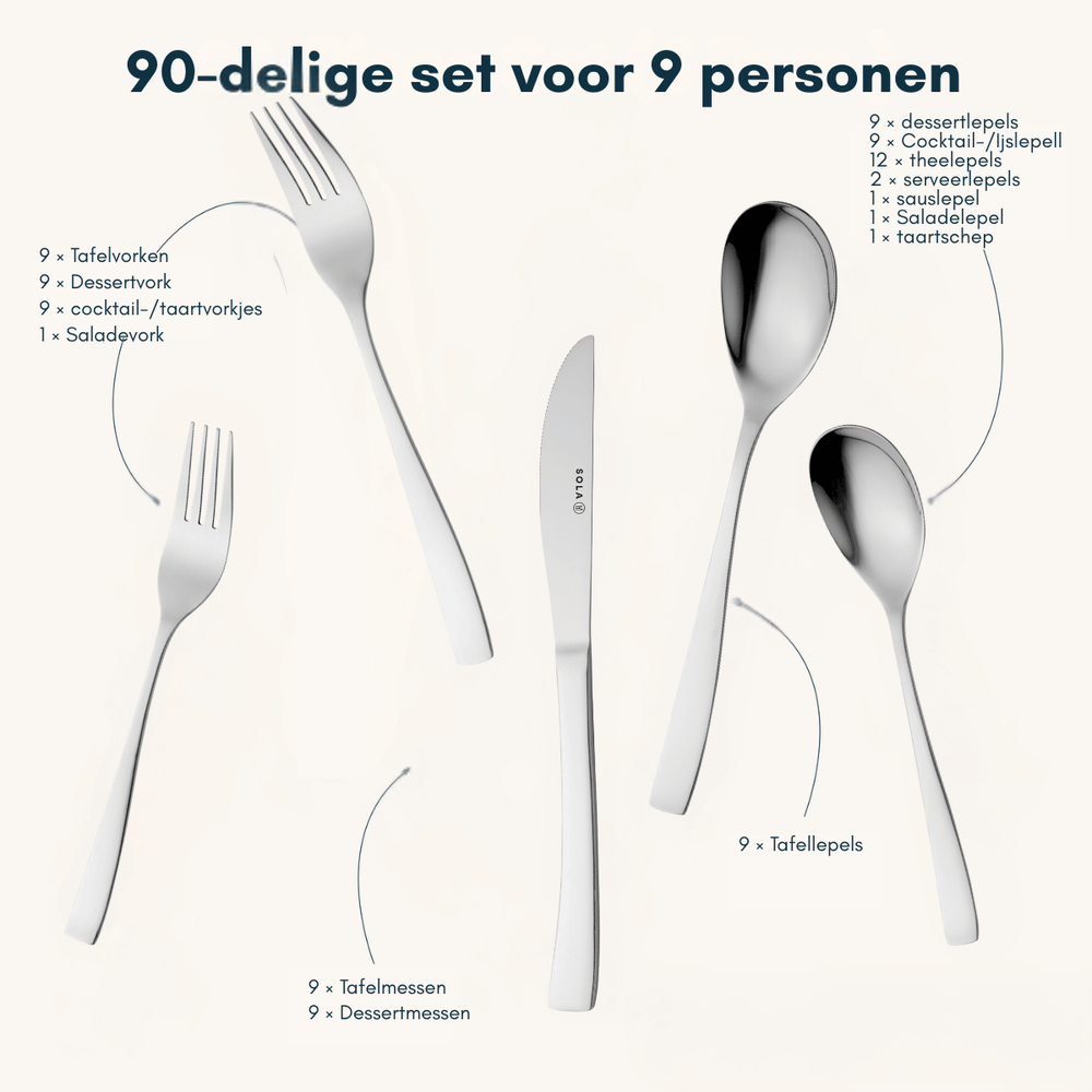 Sola Besteckset Sevilla - 18/0 Edelstahl - 90-teilig / 9 Personen