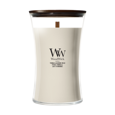 WoodWick Duftkerze Large Tonka & Almond Milk - 18 cm / ø 10 cm - Duftkerze im Glas - Holzdocht