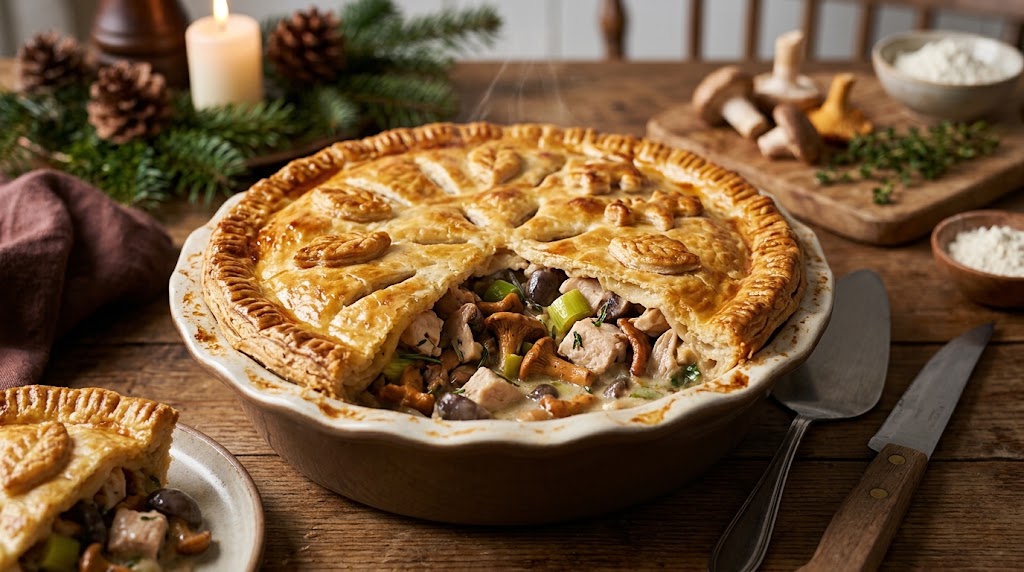 Eine warme, herzhafte Pie voller Hähnchen und Pilze für die kältesten Tage.
