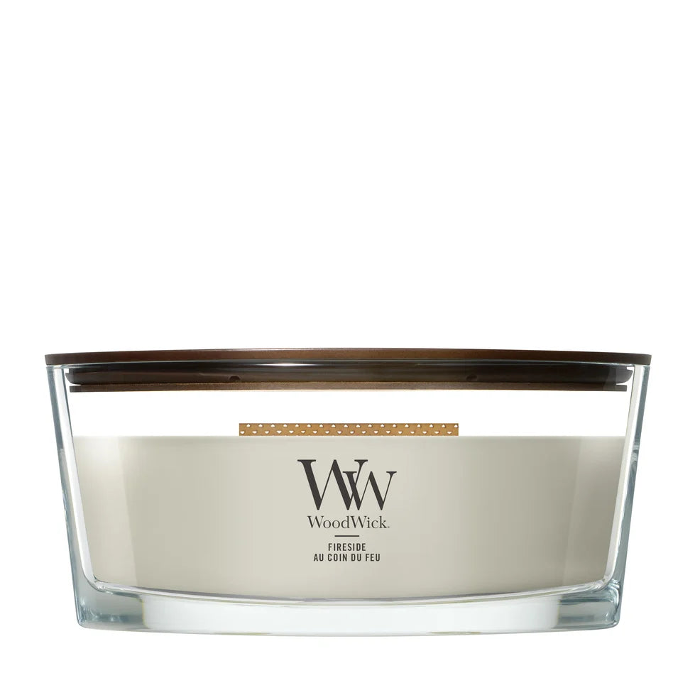 WoodWick Duftkerze Ellipse Fireside - 9 cm / 19 cm - Duftkerze im Glas - Holzdocht