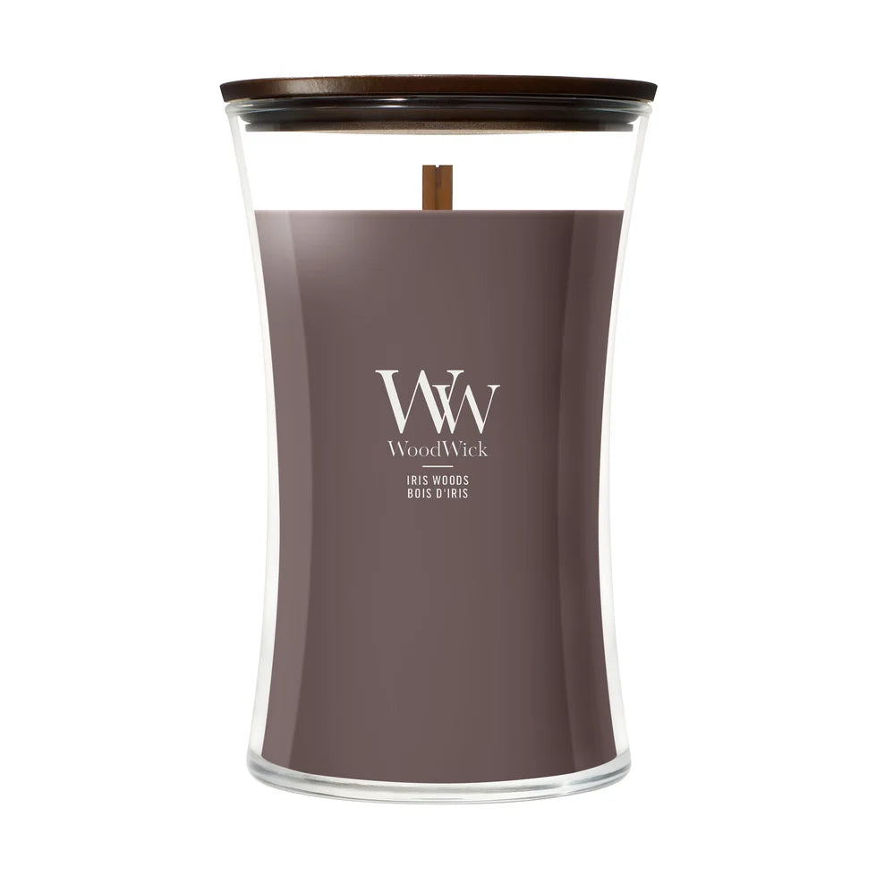 WoodWick Duftkerze Large Iris Woods - 18 cm / ø 10 cm - Duftkerze im Glas - Holzdocht