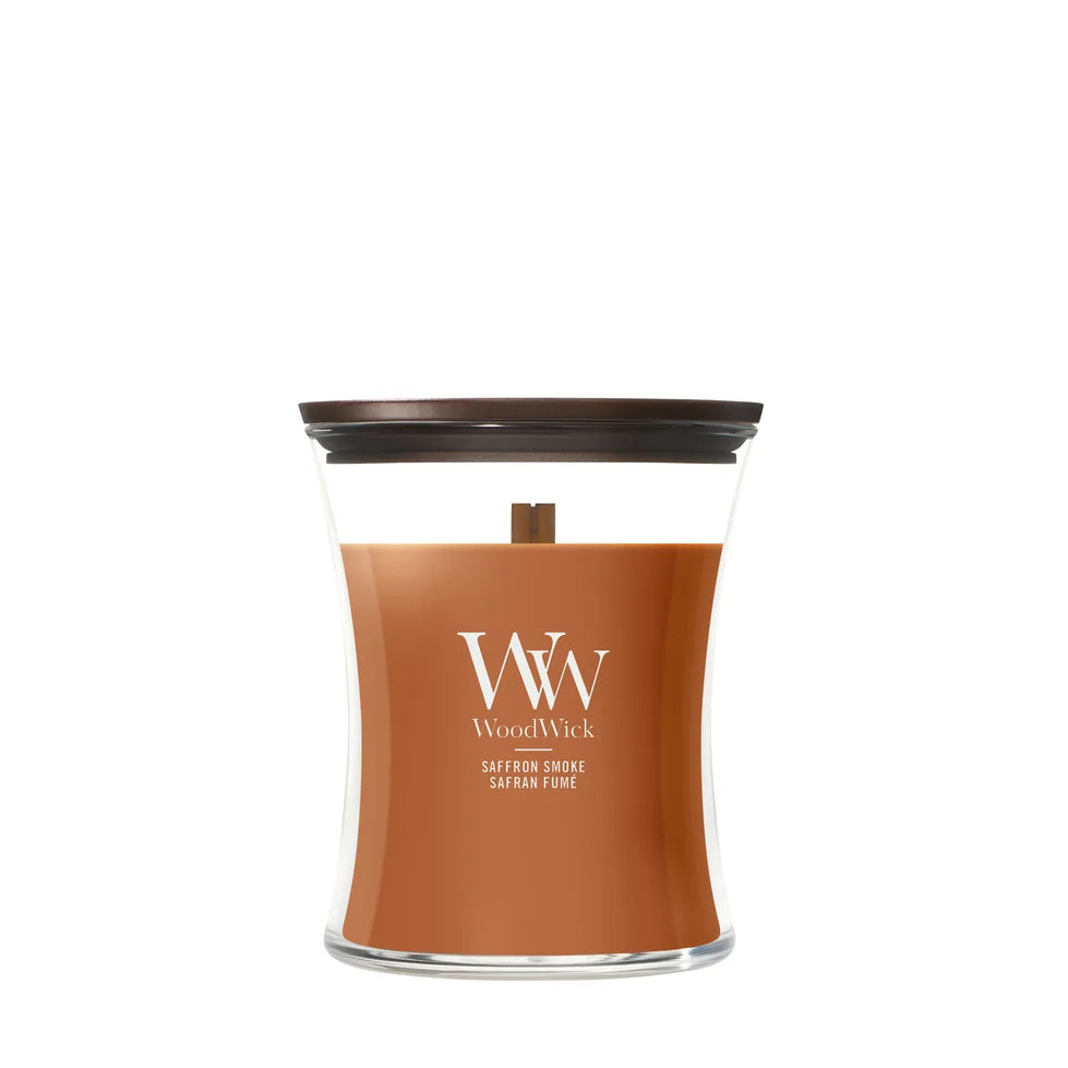 WoodWick Duftkerze Medium Saffron Smoke - 11 cm / ø 10 cm - Duftkerze im Glas - Holzdocht
