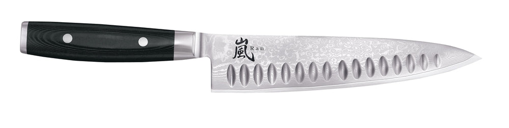 Yaxell Ran Kochmesser mit Antihaft-Noppen, 20 cm – 69-lagiger Damaststahl – Griff aus Canvas-Micarta