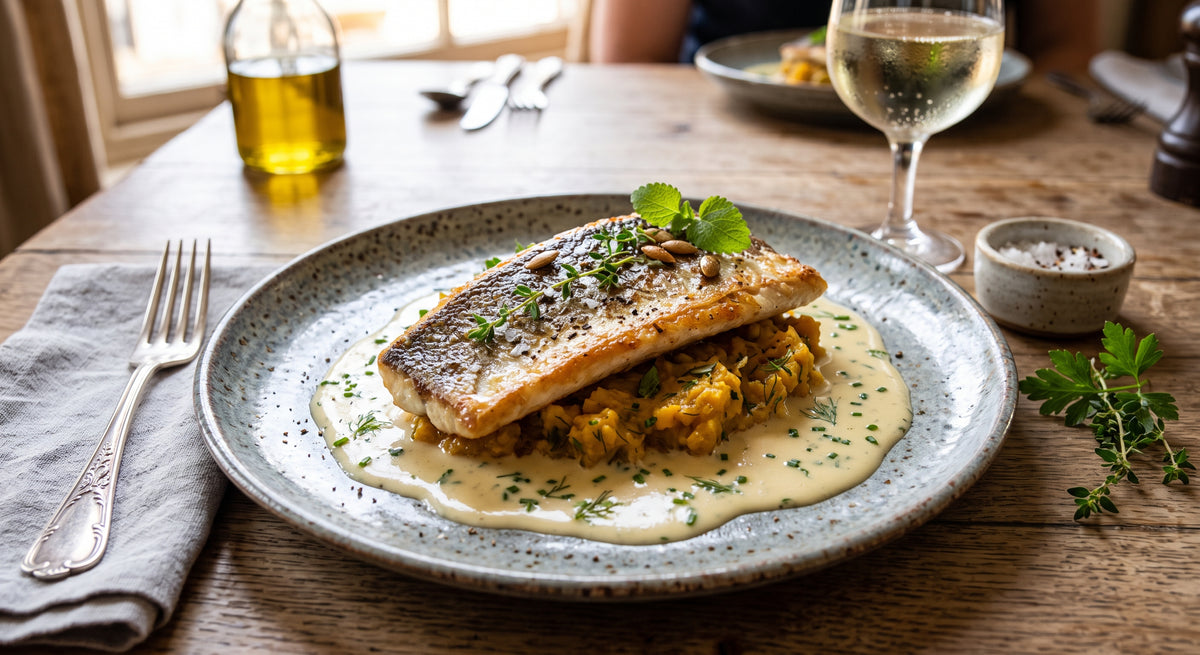 Eleganter Fisch mit samtweicher Sauce und süßem Kürbis
