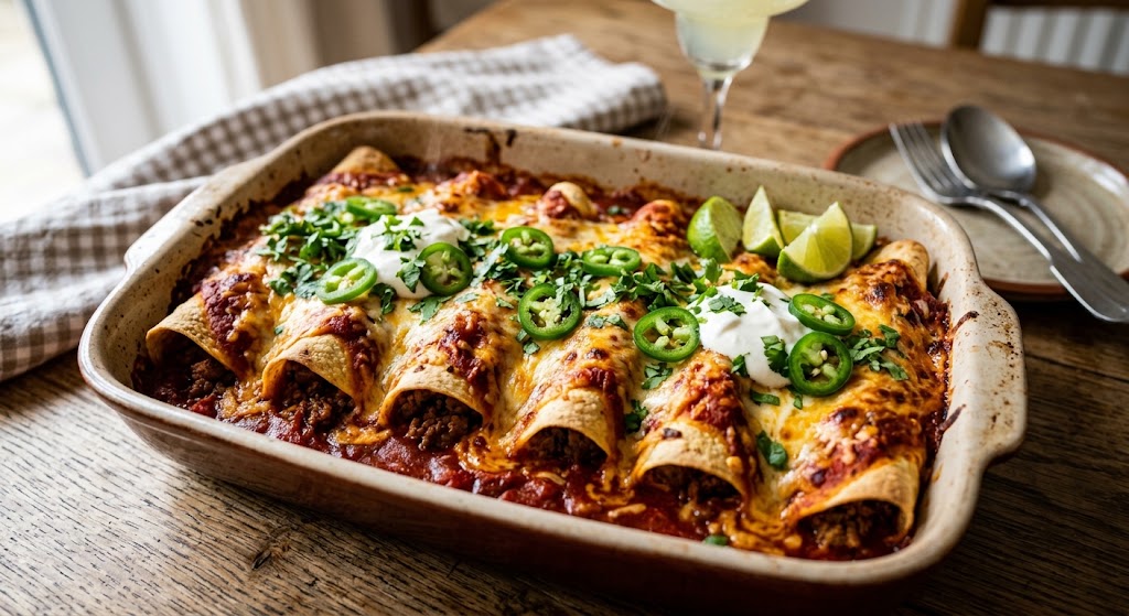 Saftige Tortillas gefüllt mit würzigem Hackfleisch, reichlich übergossen mit Tomatensauce und geschmolzenem Käse.