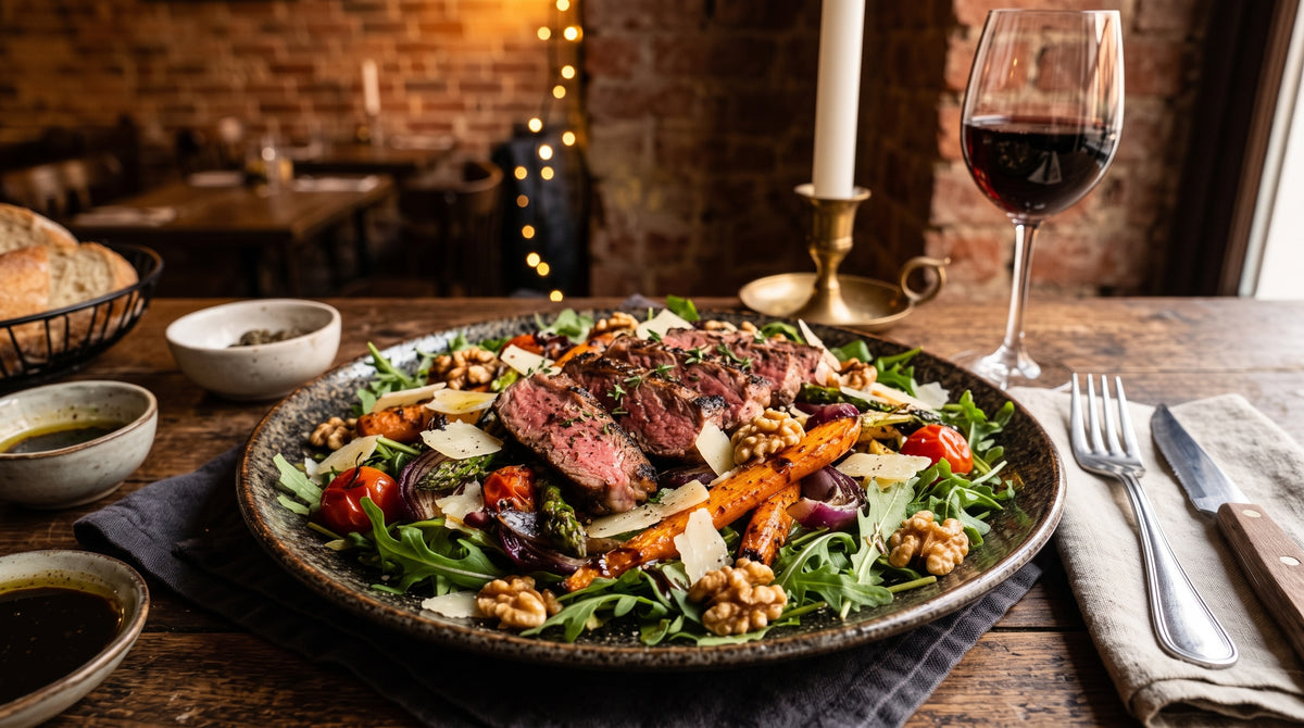 Ein reichhaltiger, lauwarmer Salat als Hauptgericht mit einer herrlich angebrannten Note.