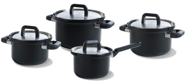 BK Topfset Flow Cool Schwarz 4-teilig -Edelstahl - Kochtöpfe ø 16, 18, 20 cm & Stieltopf ø 16 cm