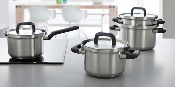 BK Topfset Flow Cool Edelstahl 4-teilig - Kochtöpfe ø 16, 18 & 20 cm & Stielkasserolle ø 16 cm