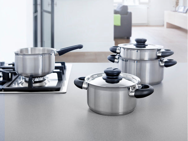 BK Topfset Karaat+ Edelstahl 5-teilig - Kochtöpfe ø 16, 18 & 20 cm, Stielkasserolle ø 16 cm & Suppentopf ø 24 cm